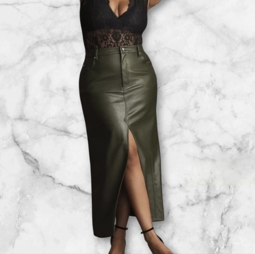 Anthropologie Pilcro FAUX Leathet Olive Pencil Skirt W Slit